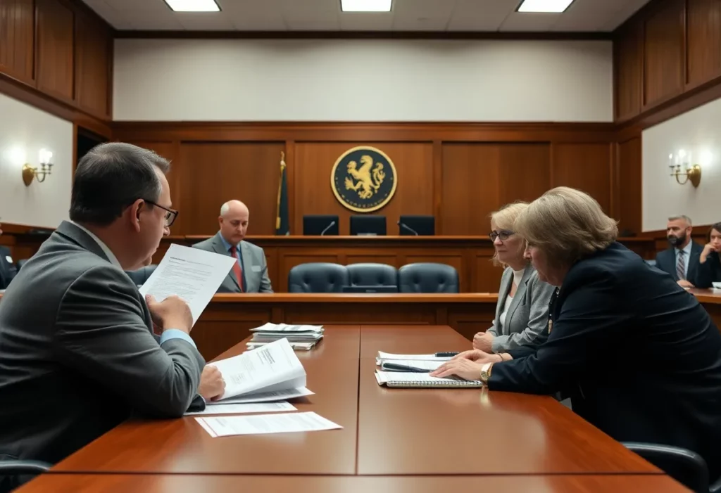 Courtroom scene representing asbestos lawsuits
