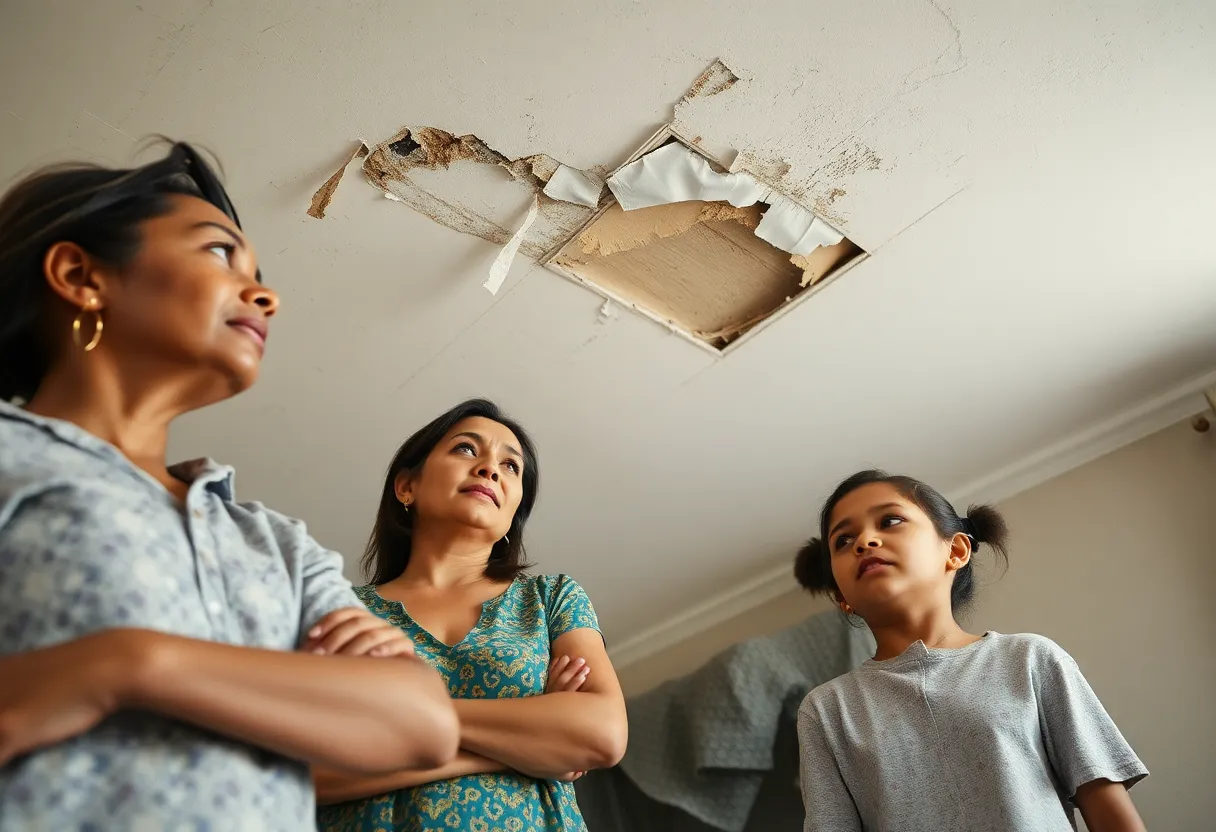 Concerned family examining a ceiling in a public housing unit affected by asbestos management issues.