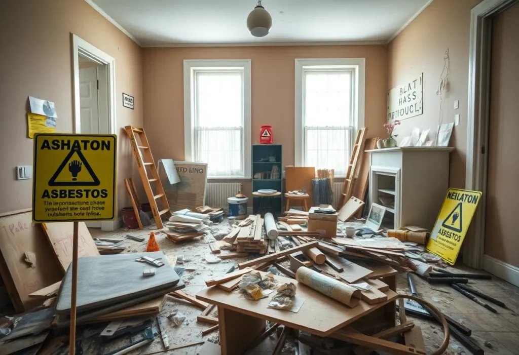A disheveled home renovation site with warning signs about asbestos.
