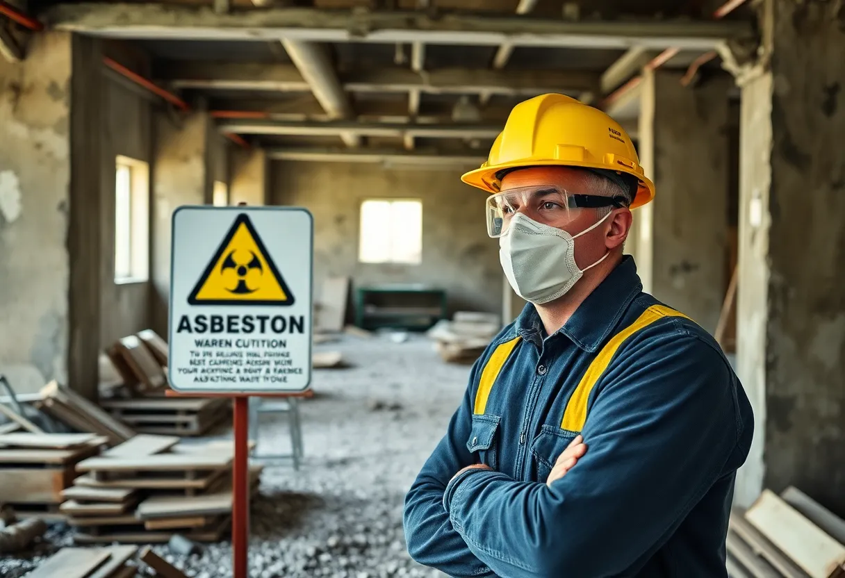 Construction worker at risk from asbestos exposure with warning sign