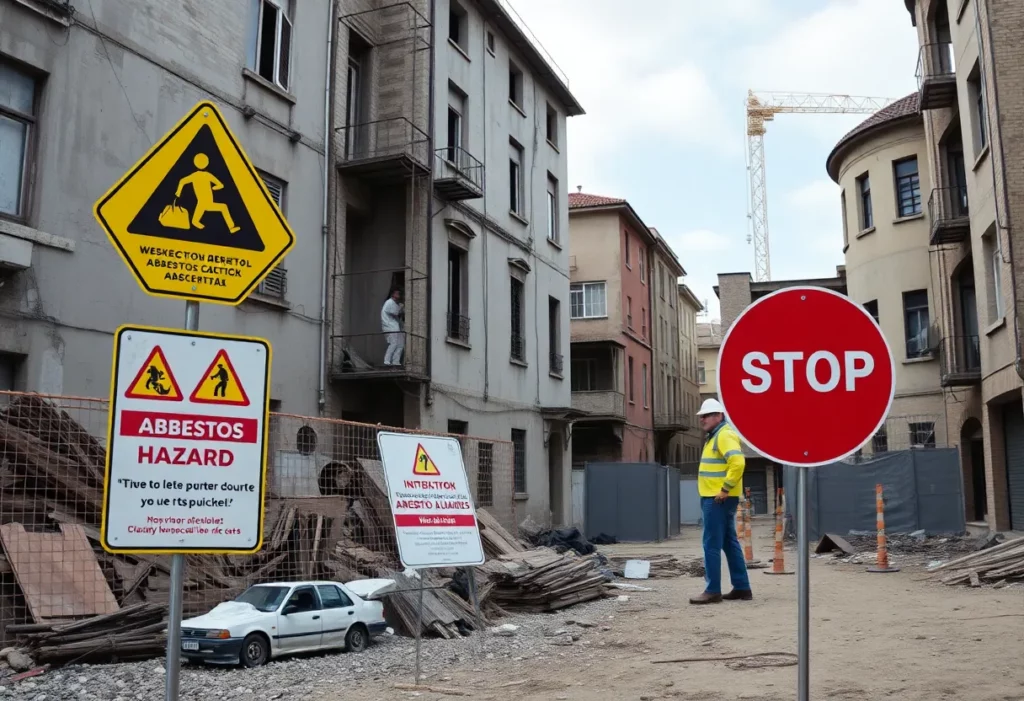 Construction workers handling materials with caution signs for asbestos safety.