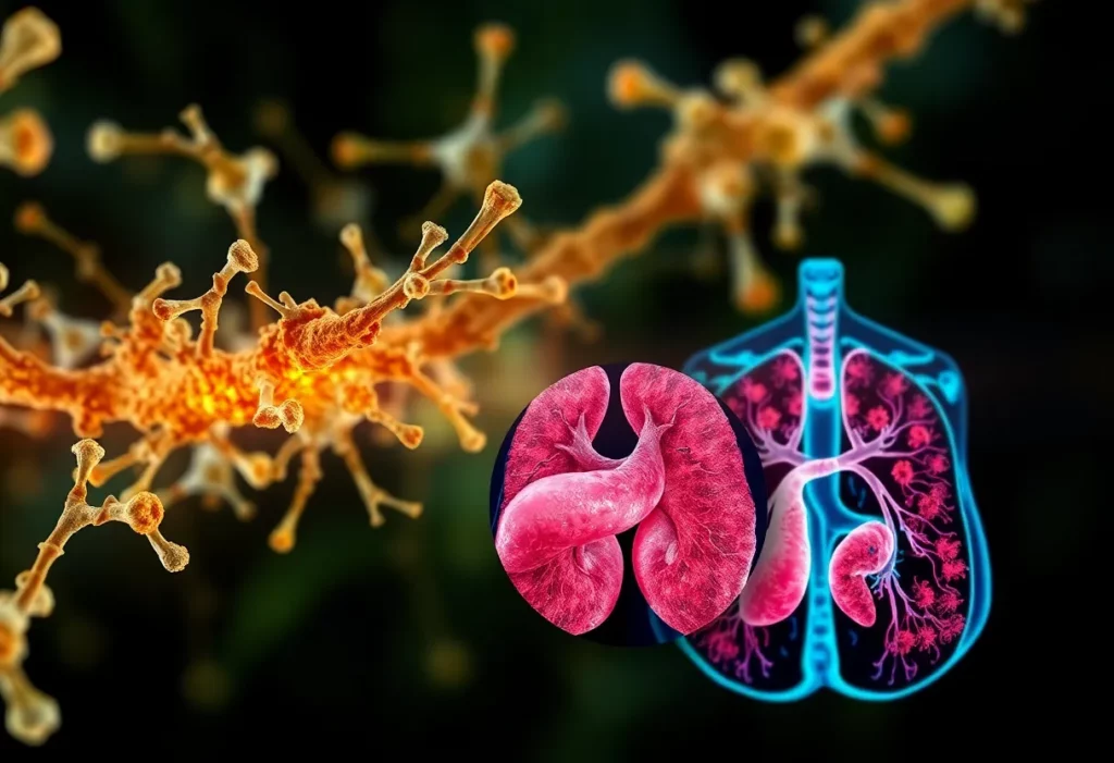 Illustration of asbestos fibers and affected organs