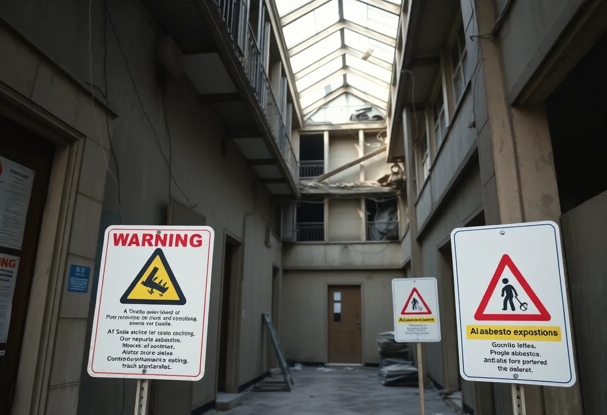 Warning signs on a building undergoing renovation highlighting asbestos exposure risks