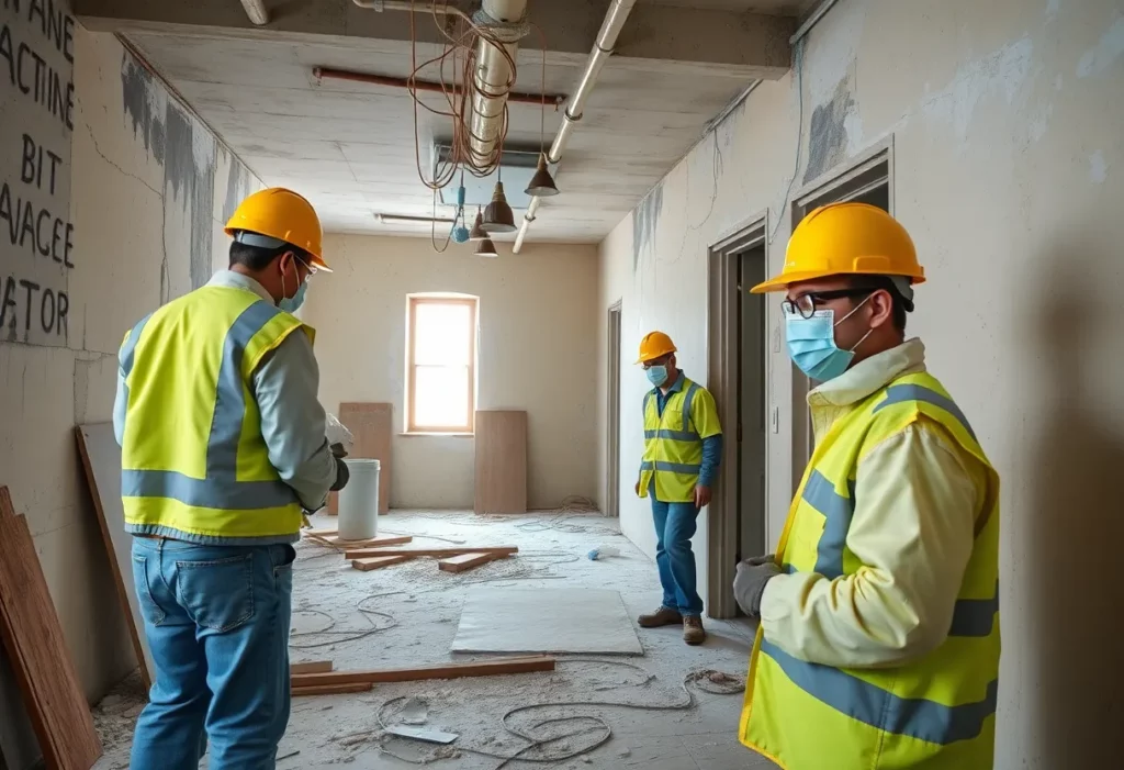 Workers in protective gear during renovation, highlighting asbestos concerns.