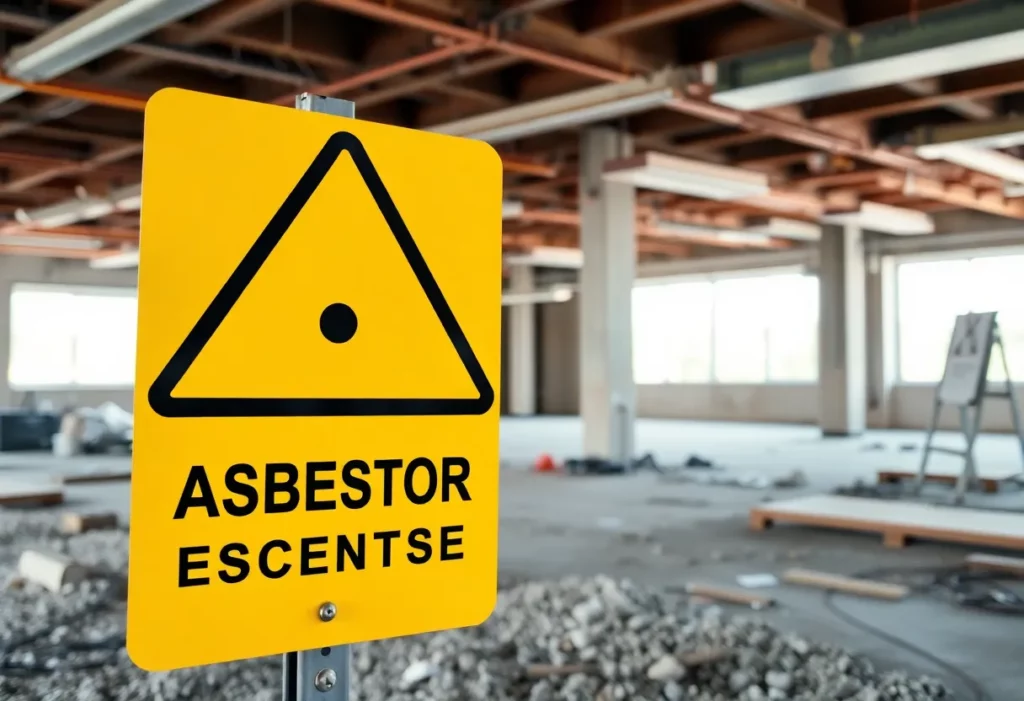 Caution sign about asbestos exposure at a workplace