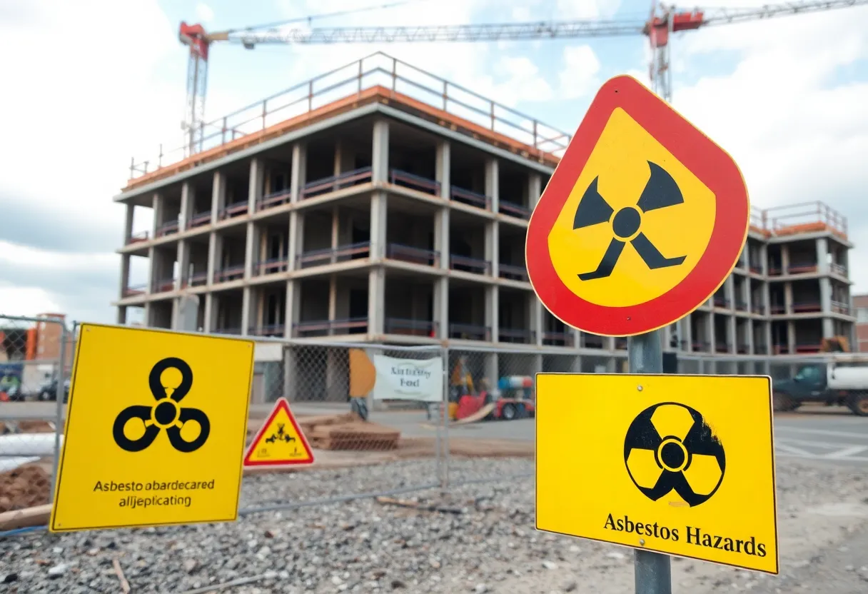 Warning signs of asbestos hazard at a construction site