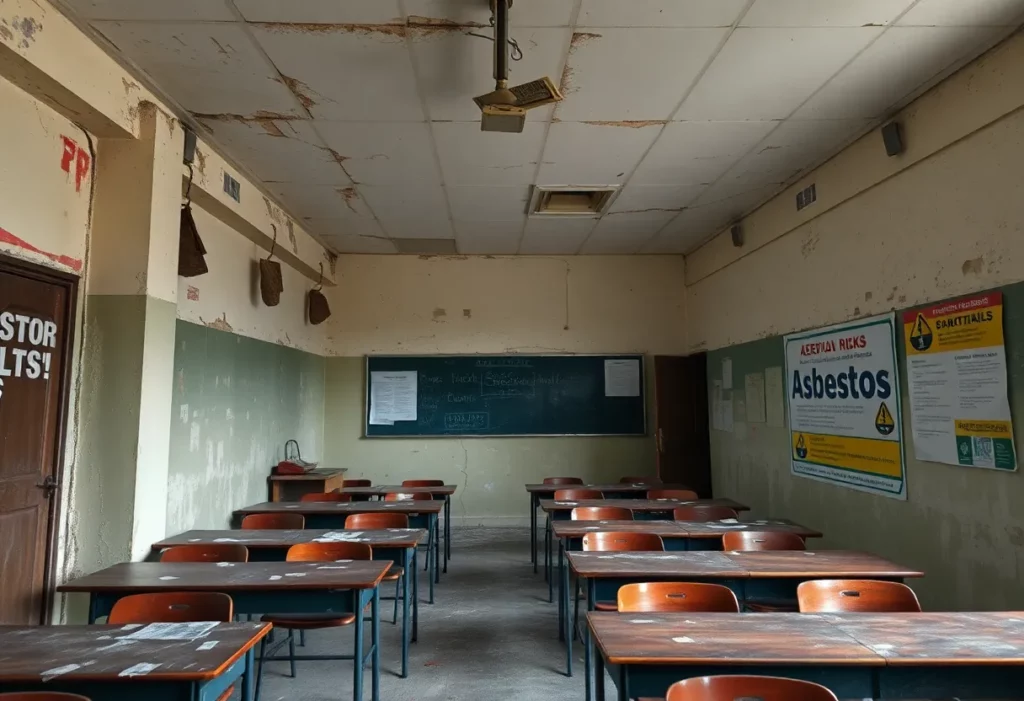 Classroom showing deteriorating conditions that may contain asbestos