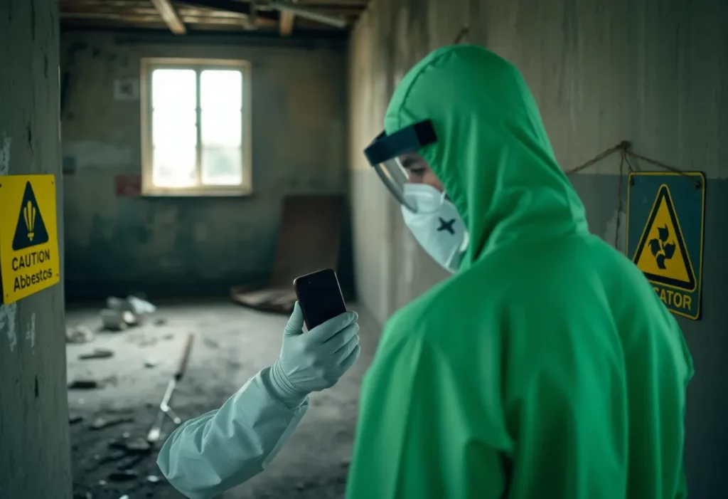 A worker examining an old building for asbestos risks.