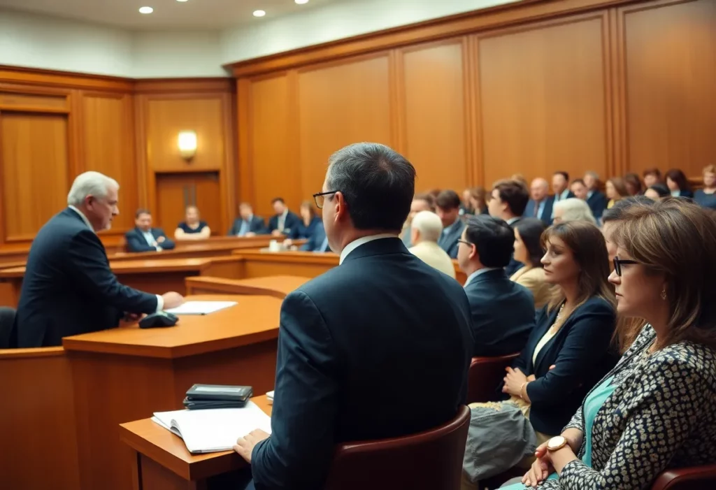 Courtroom discussing asbestos litigation, showing legal professionals and spectators.