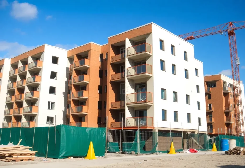 A view of a modern housing construction site highlighting safety measures.