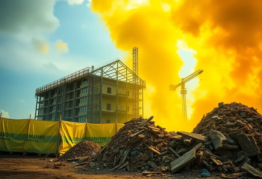Image illustrating the challenges of asbestos management in New South Wales, featuring construction sites and hazardous waste.