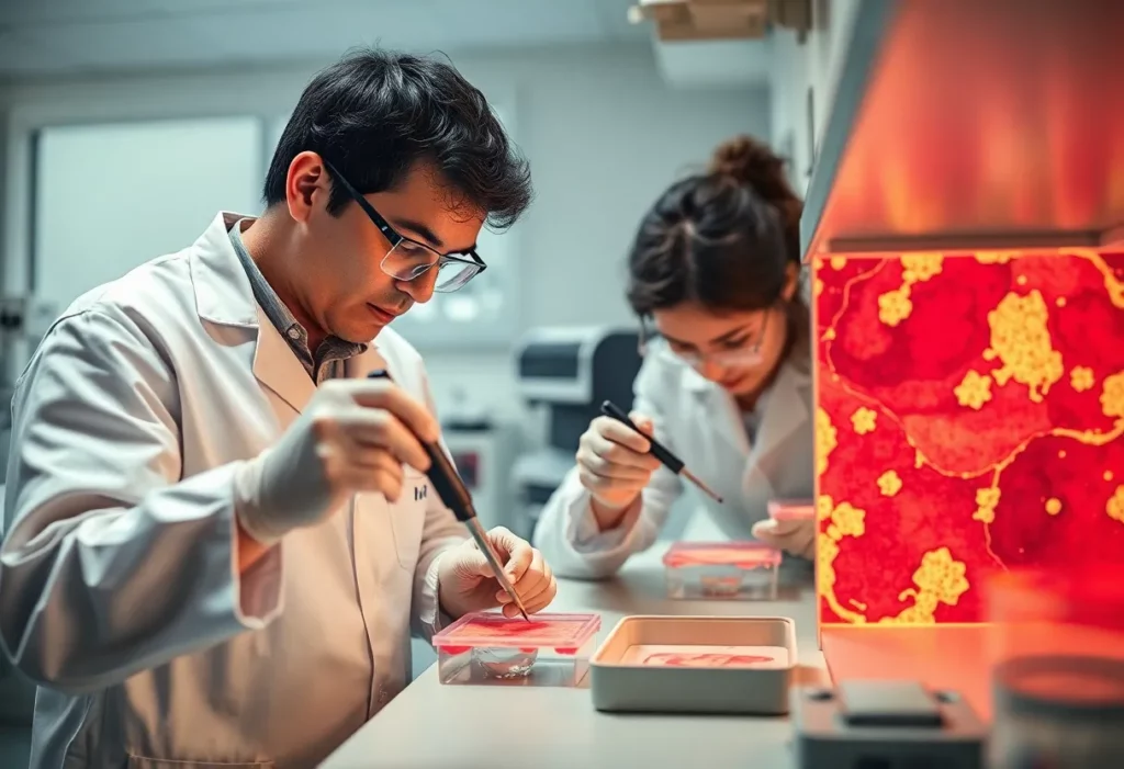 Researchers analyzing tissue samples related to asbestos studies.