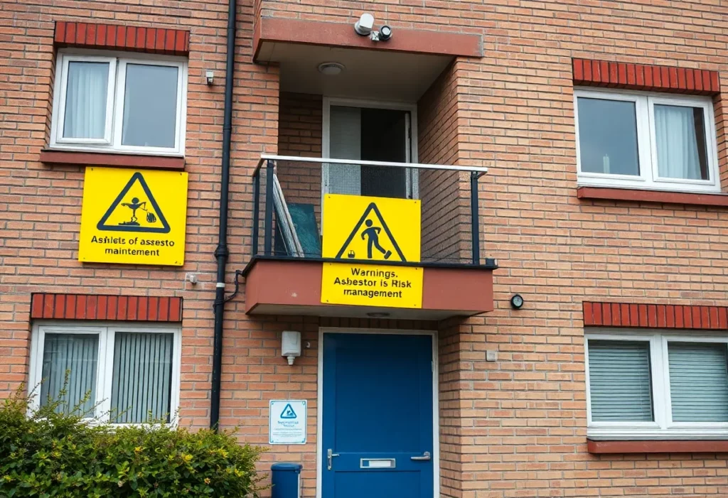 Warning signs for asbestos risks at a housing association site.