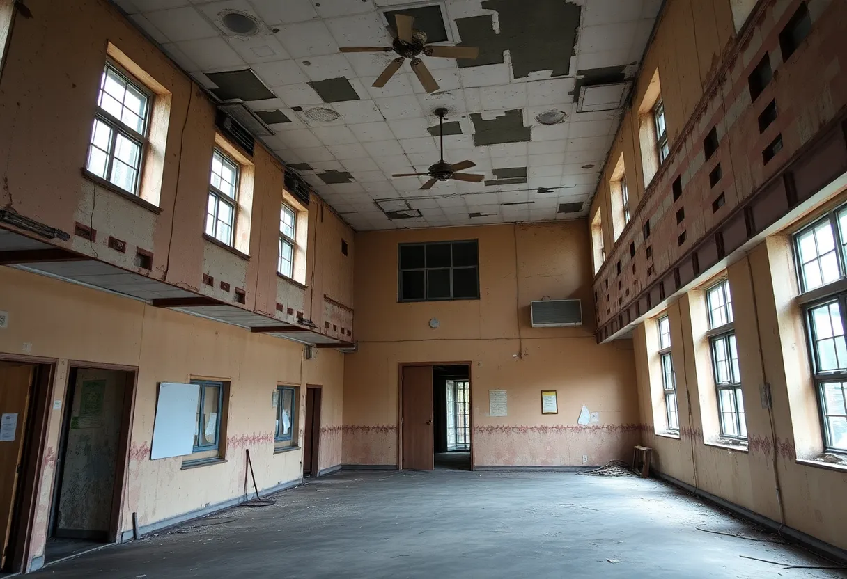 A rundown school building possibly containing asbestos hazards