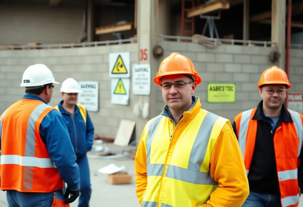 Workers on a construction site with asbestos warnings