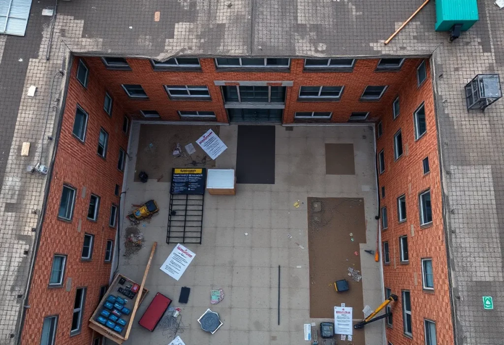 School building with asbestos warning signs and renovation work in progress.