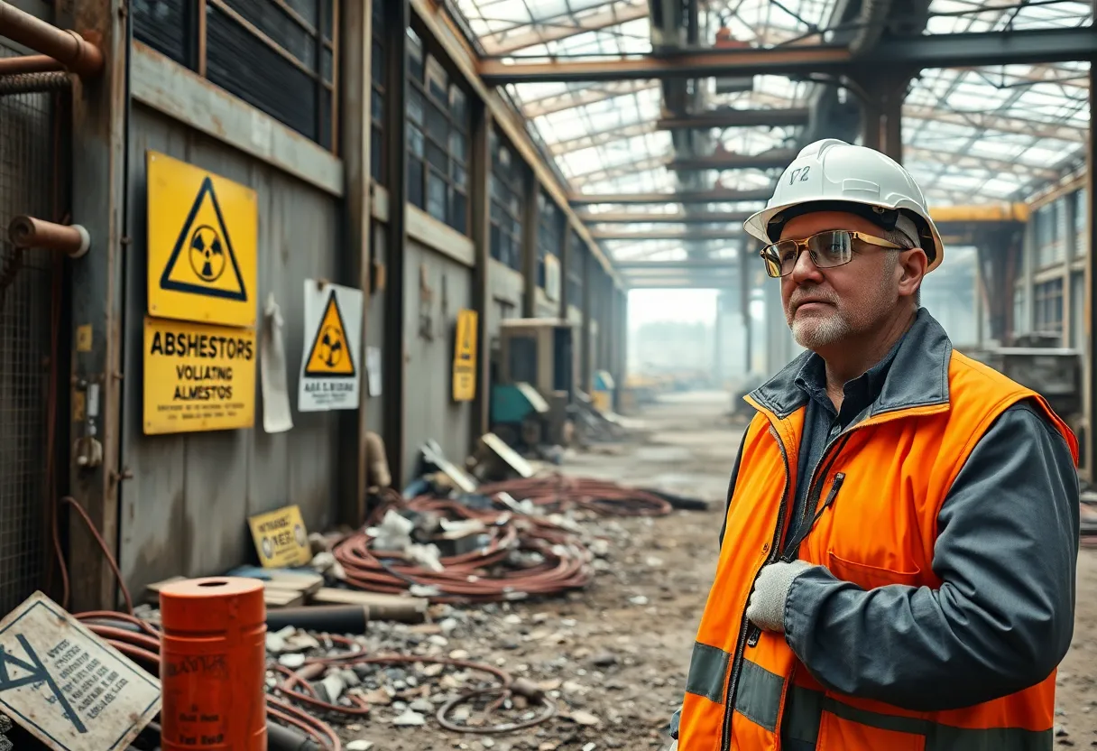 A worker in safety gear at an asbestos removal site with warning signs.