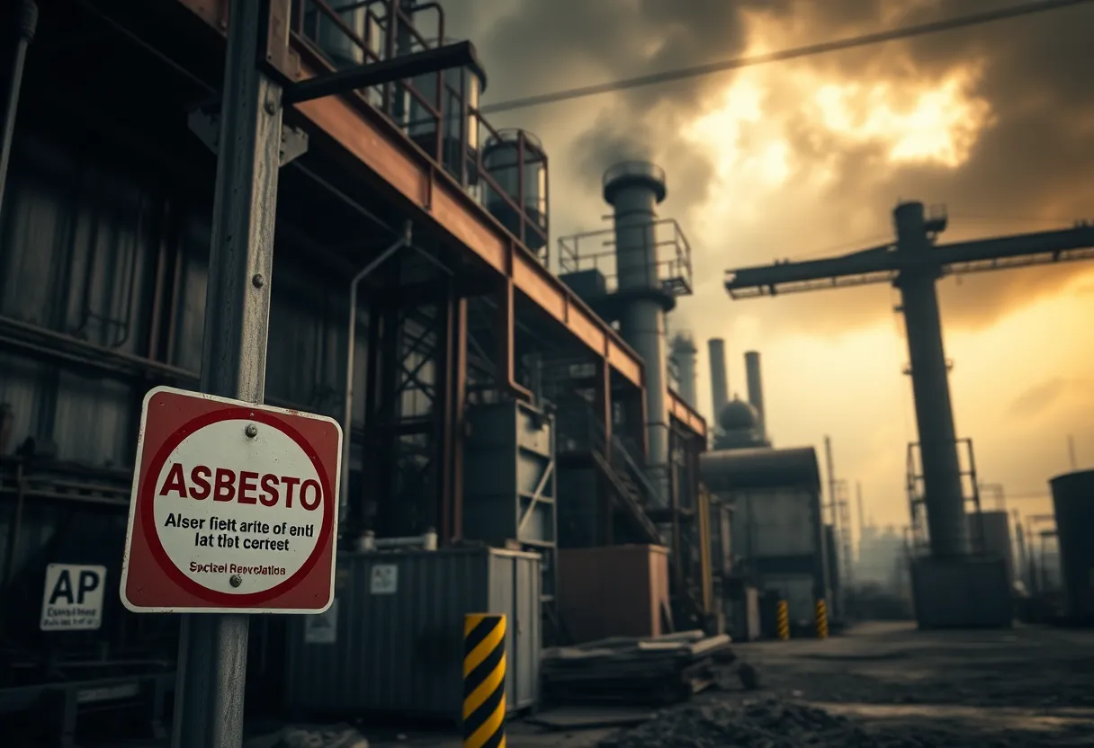 A warning sign regarding asbestos exposure in an industrial setting
