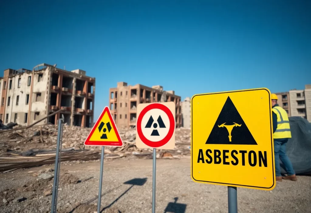 Construction site with asbestos warning signs