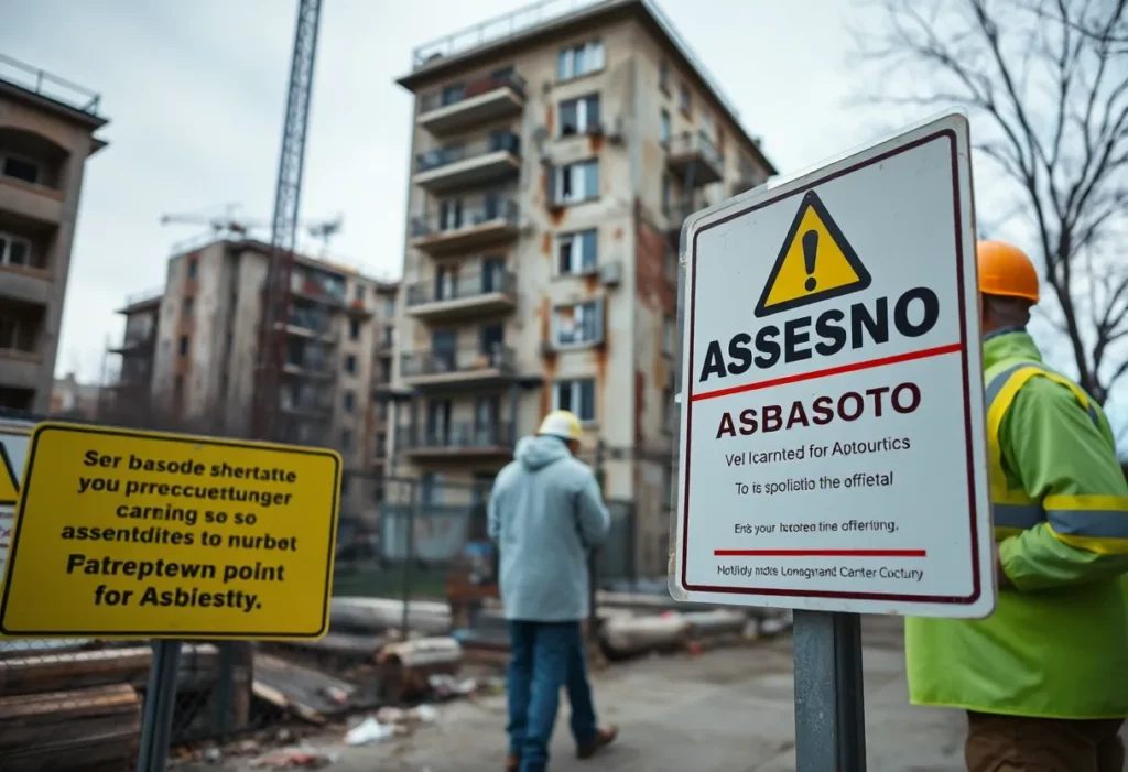 Warning signs for asbestos at a construction site