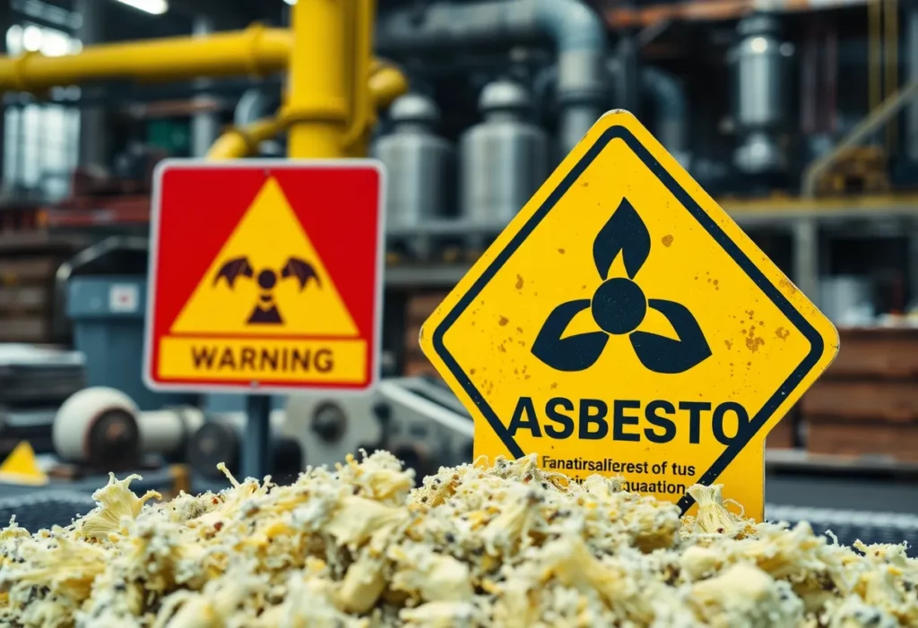 Warning sign for asbestos fibers in an industrial setting.