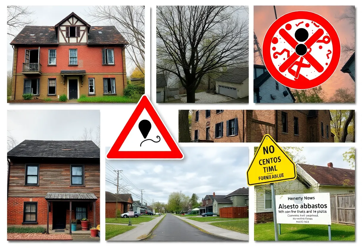 Collage showing the dangers of asbestos exposure and community support.