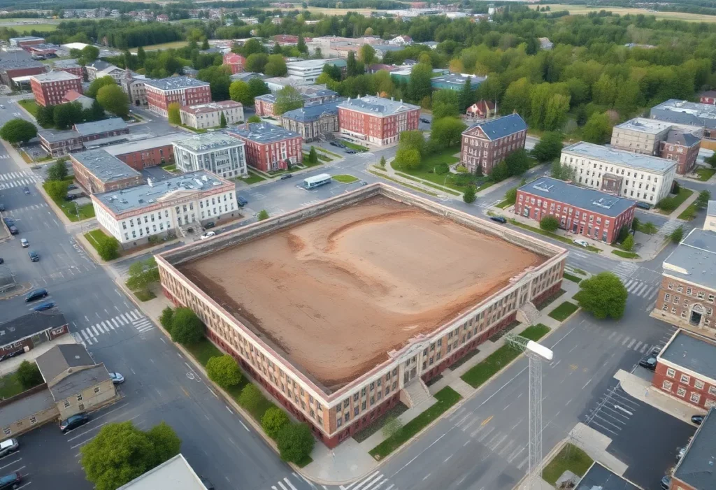Aerial view of the cleared lot in downtown Bangor previously occupied by the YMCA.