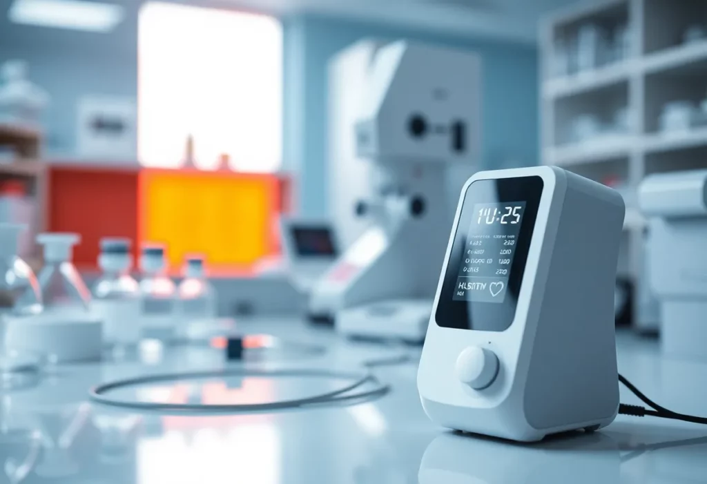 Laboratory scene showcasing a new breath analysis device for cancer detection.