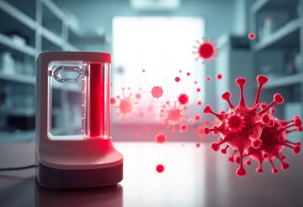 Illustration of a breath test device used for mesothelioma detection in a lab setting.