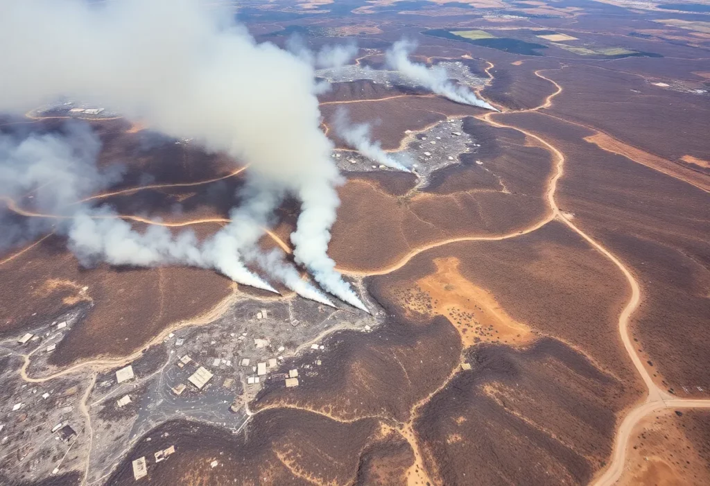 Burned area in California showing smoke and debris from wildfires.