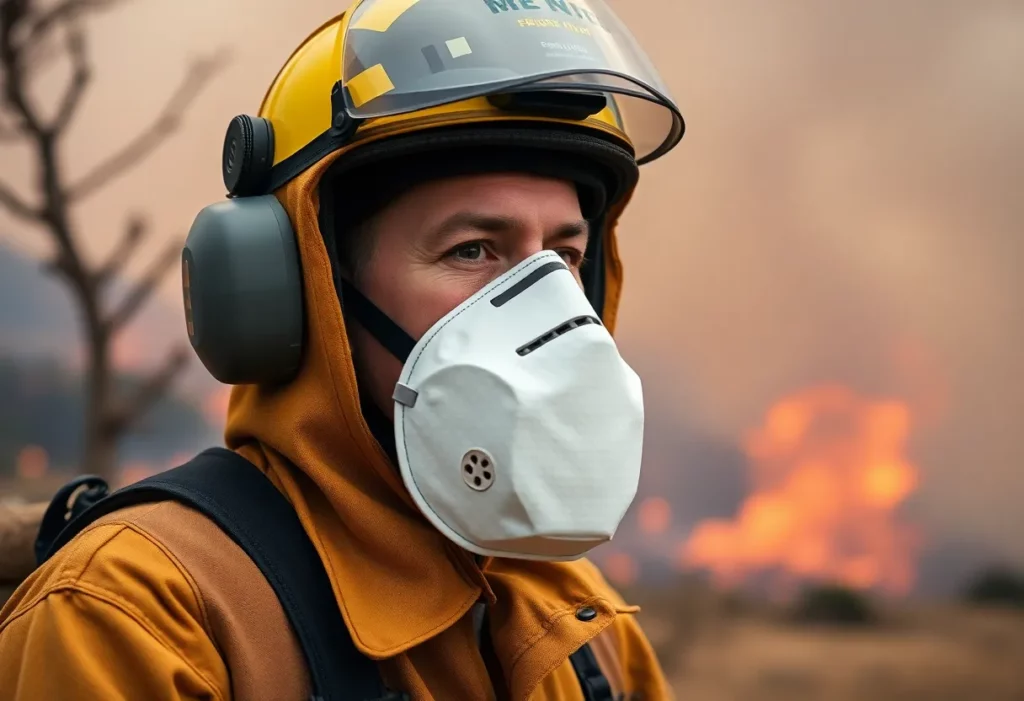 Firefighter in N95 mask battling California wildfires with smoky background.