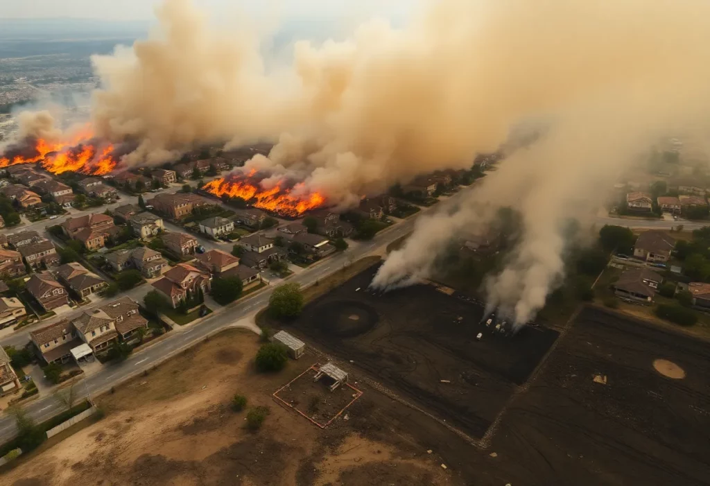 Aerial view of Southern California wildfires showing smoke and ash, highlighting asbestos exposure risk.
