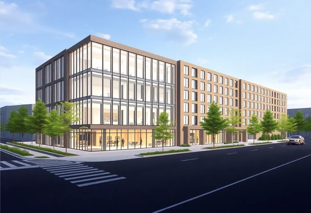 Architectural rendering of the Cambridge Courthouse redevelopment with environmental caution signs.