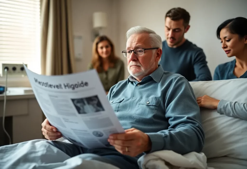 Chris Debnam in hospital discussing his mesothelioma diagnosis with family.