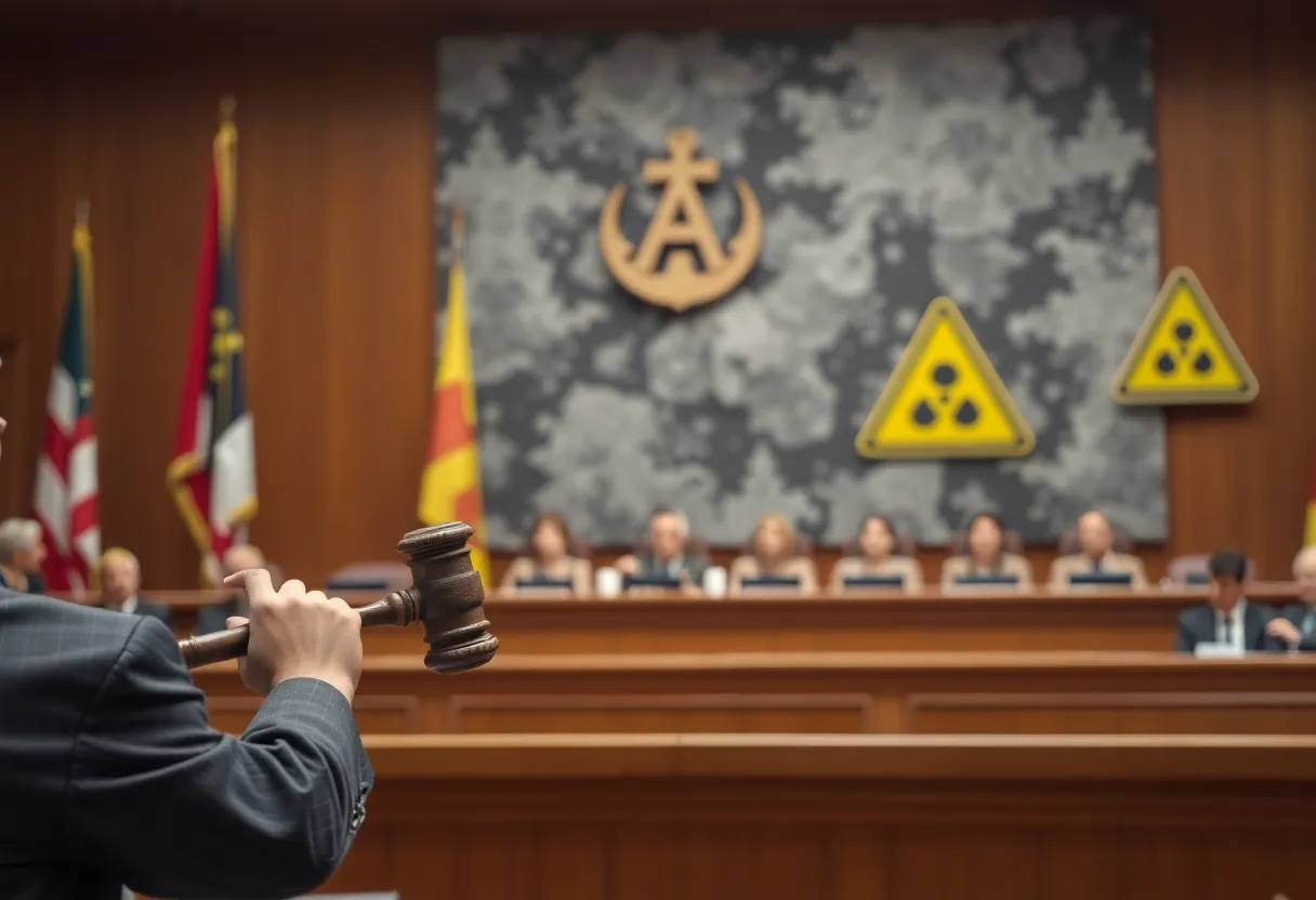 Courtroom scene representing the legal battle over chrysotile asbestos ban