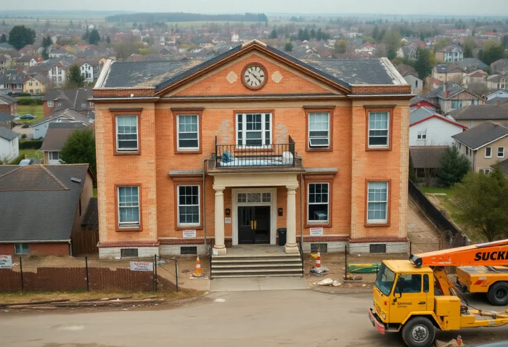 Old Clay School in Wheeling with warning signs for asbestos