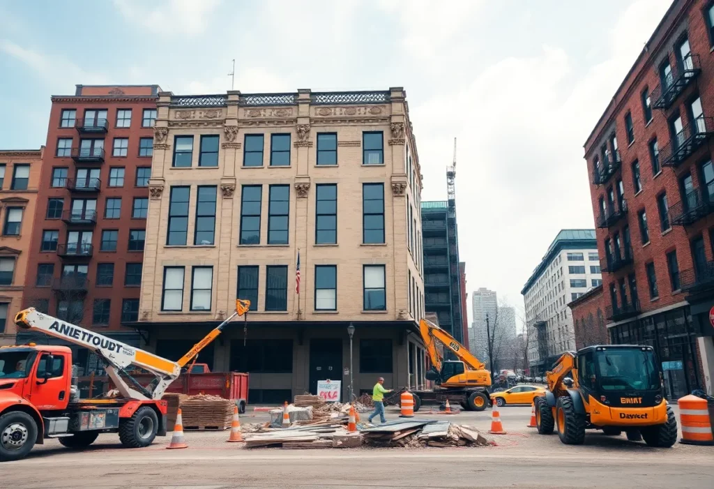 Workers and construction equipment at the cleanup site for affordable housing in downtown Dayton.