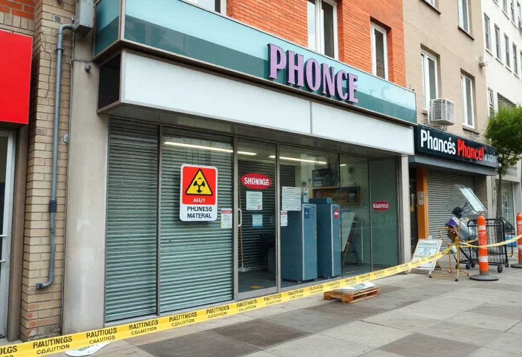 Exterior view of closed EE store with hazard signs