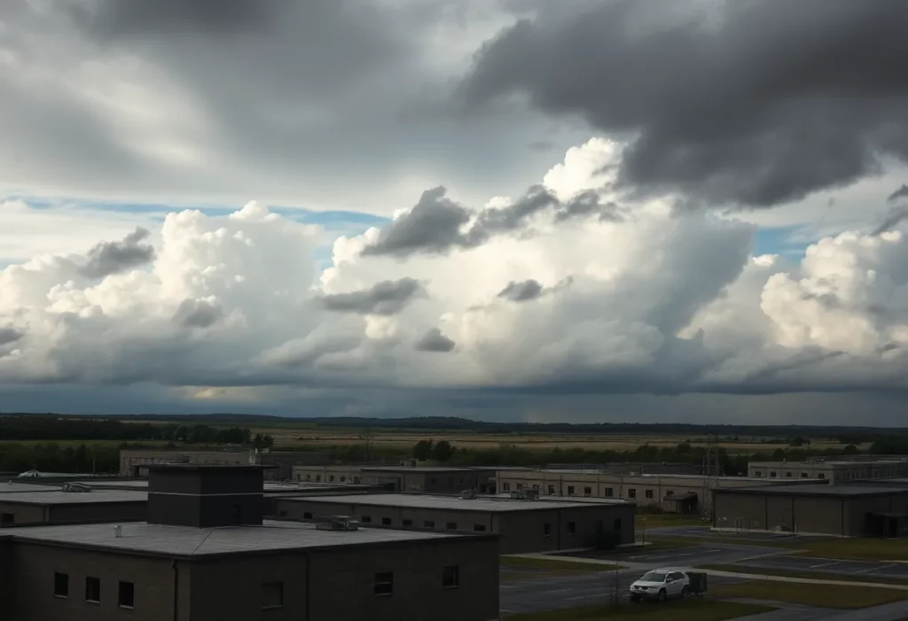 Cloudy skies over a military base illustrating asbestos exposure risks for veterans.