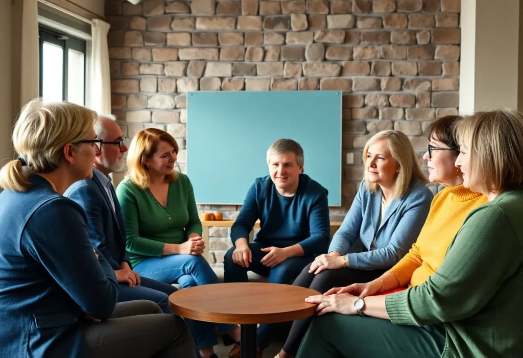 Community members discussing support for mesothelioma patients