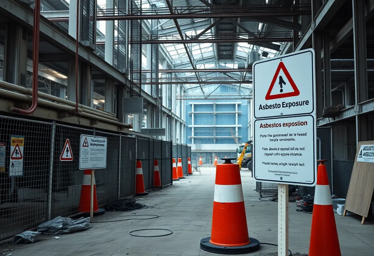 A construction site illustrating safety measures against asbestos exposure.