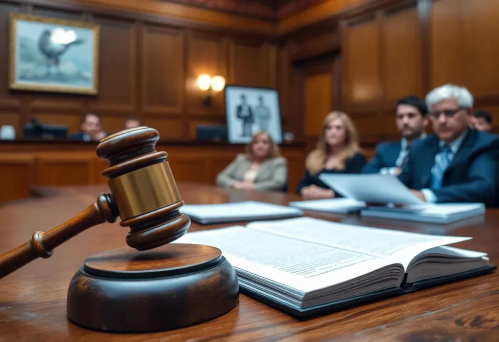 Courtroom with legal proceedings focused on asbestos issues