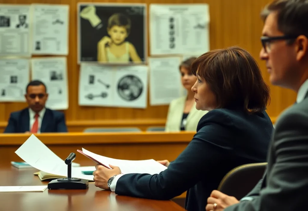 A courtroom with lawyers and a woman observing a trial concerning mesothelioma and asbestos exposure.