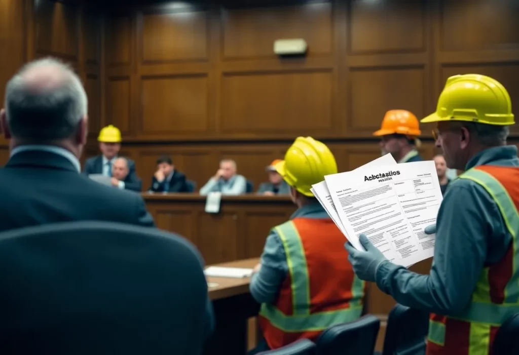 A courtroom scene depicting the sentencing of a contractor for asbestos exposure.