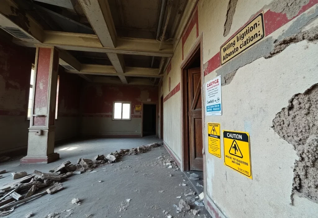 Close-up of damaged asbestos materials with caution signs