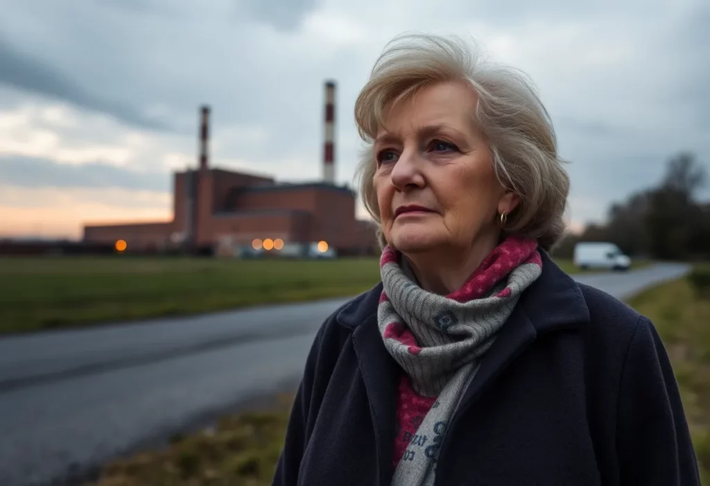 Doris Whitehurst standing in front of Rugeley B Power Station.