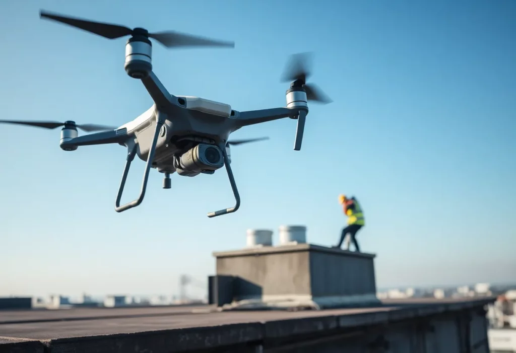 Drone inspecting for asbestos on a rooftop.