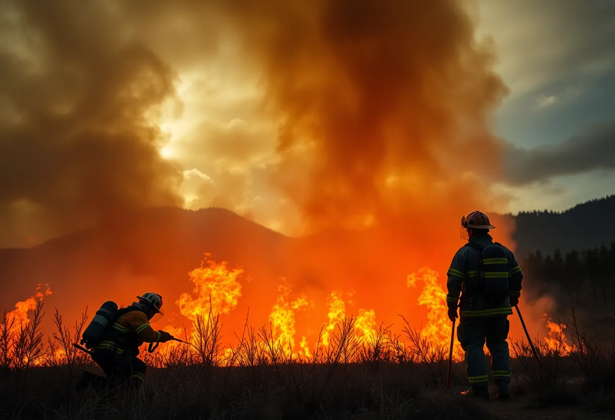 Firefighters working to control the Eaton Fire with smoke in the air.
