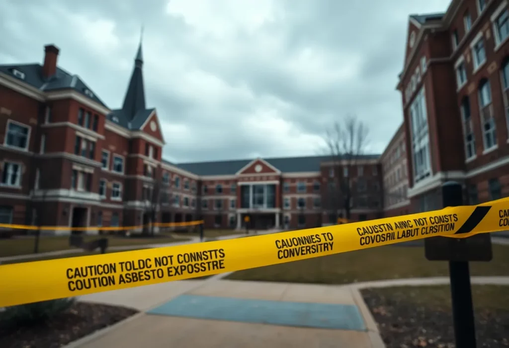 Caution tape around Fairmont State University campus highlighting asbestos concerns.