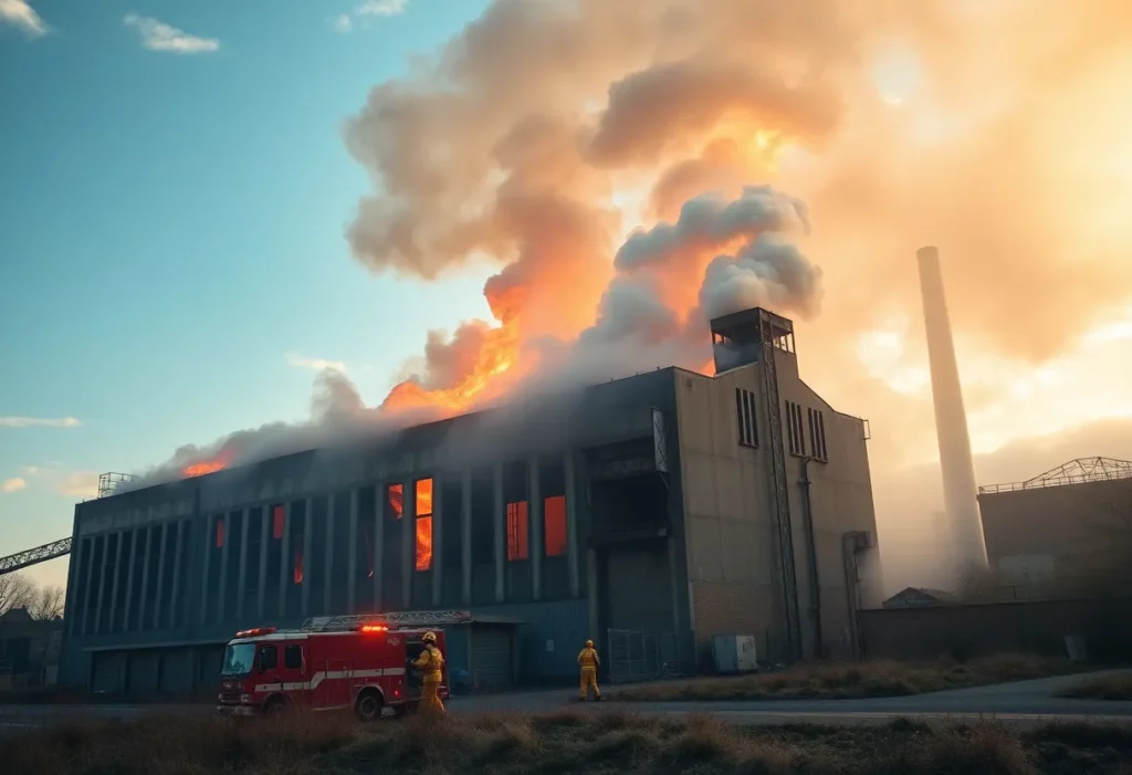 Firefighters battling a blaze at the derelict Van-Dal shoe factory in Norwich